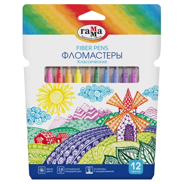 Фломастеры Гамма "Классические", 12цв., смываемые, картон. упак., европодвес 130822_12