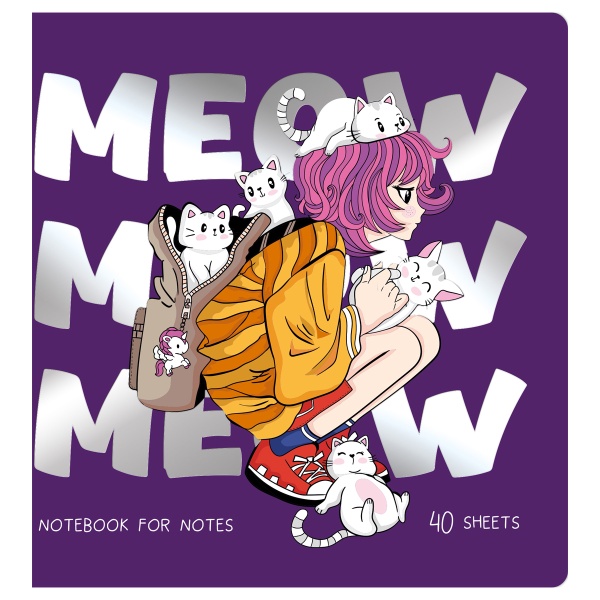 Книжка записная 170*170 мм 40л. на скрепке MESHU "Meow", soft-touch ламинация, тиснение фольгой, блок без линовки, 80г/м2 357915 MS_53366